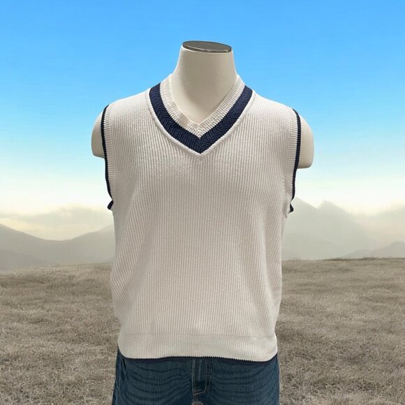 Vintage Thornton Bay Mens White V-Neck Sweater L 100% Cotton Tennis Classic Golf - Picture 1 of 9